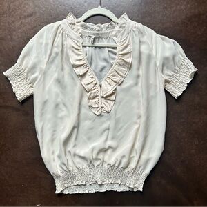 Joie - silk blouse, medium- Ivory Ruffle V-Neck Smocked Blouse
